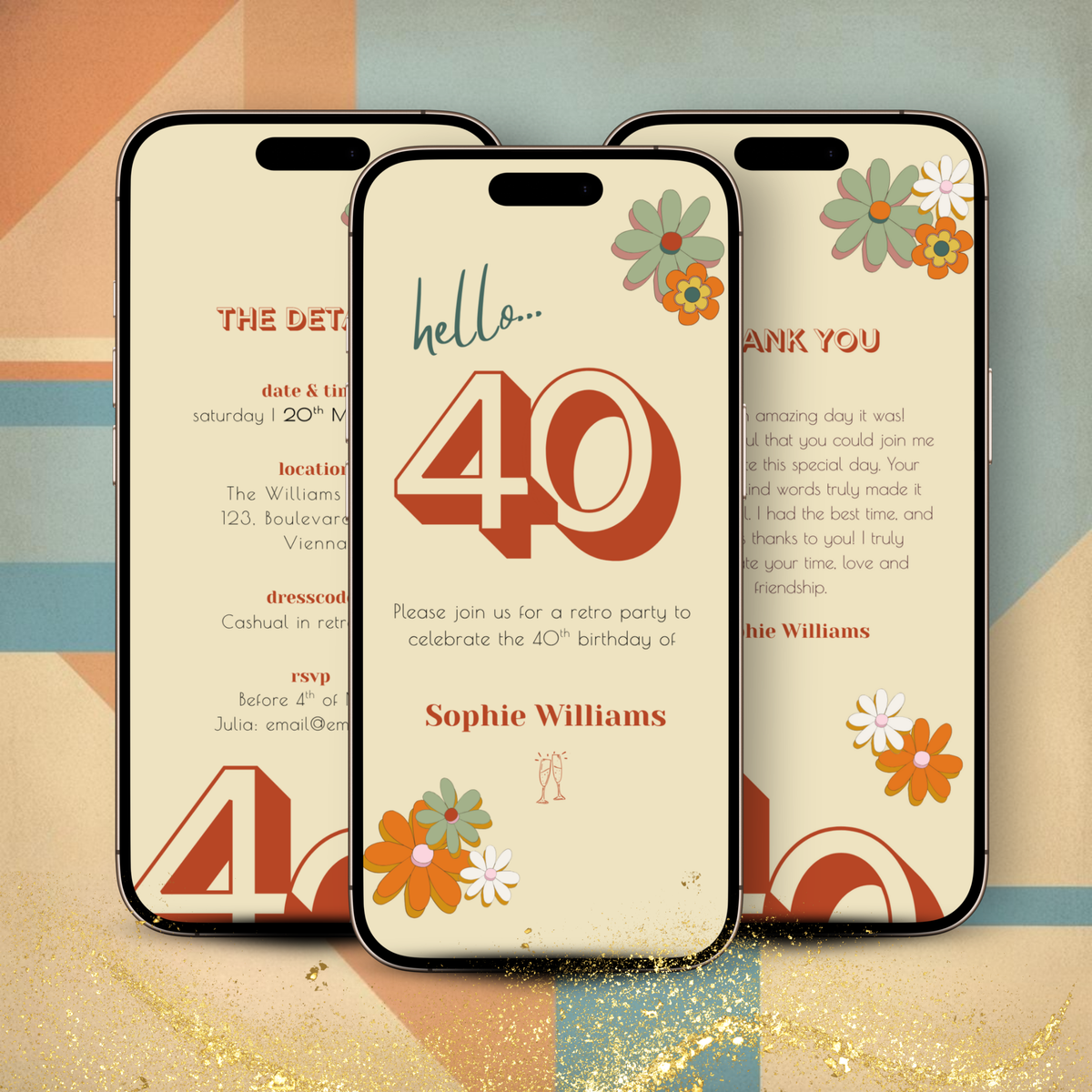 Three smartphone screens displaying a 40th birthday invitation with retro designs on a colorful geometric background.