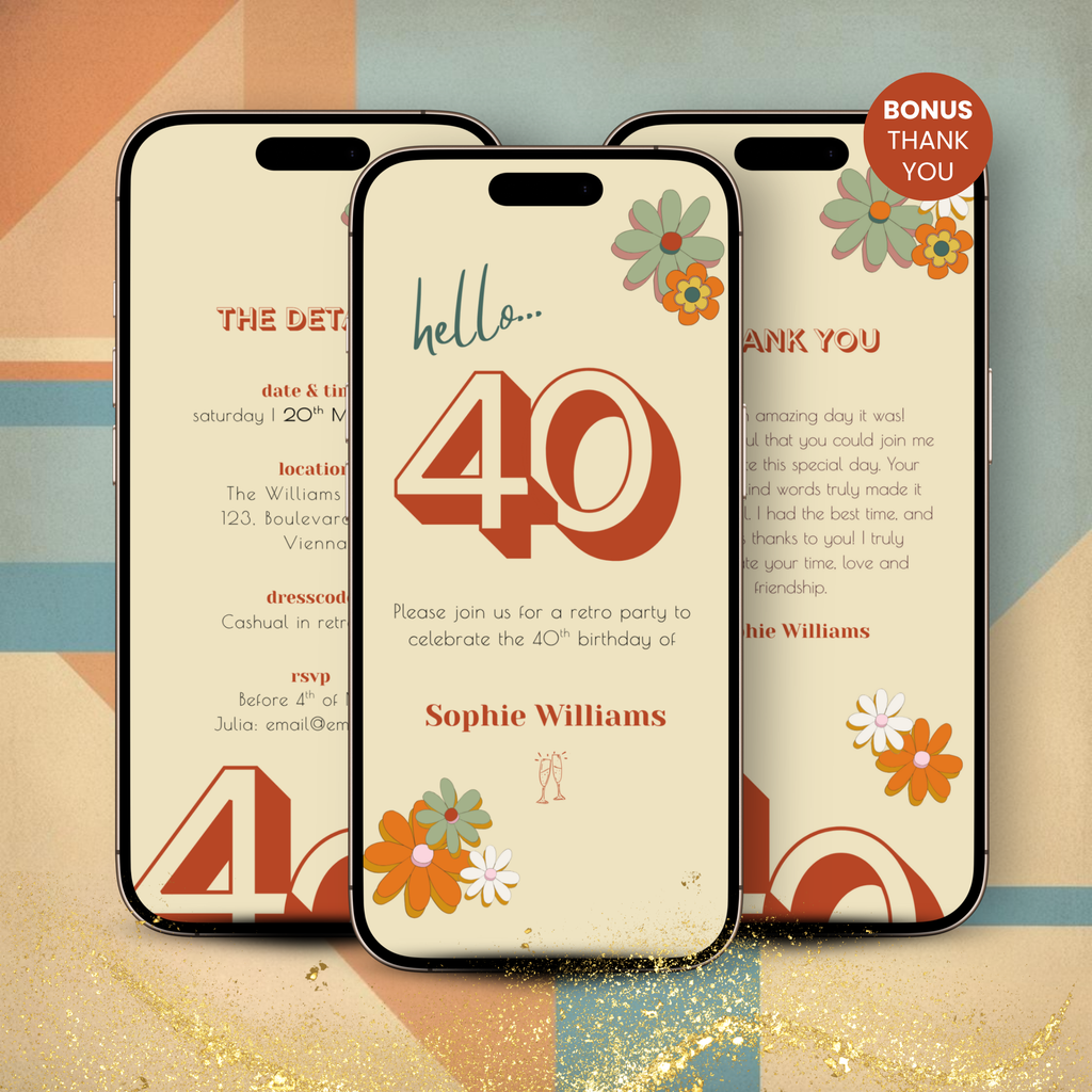 Three smartphone screens displaying a 40th birthday invitation with retro designs on a colorful geometric background.