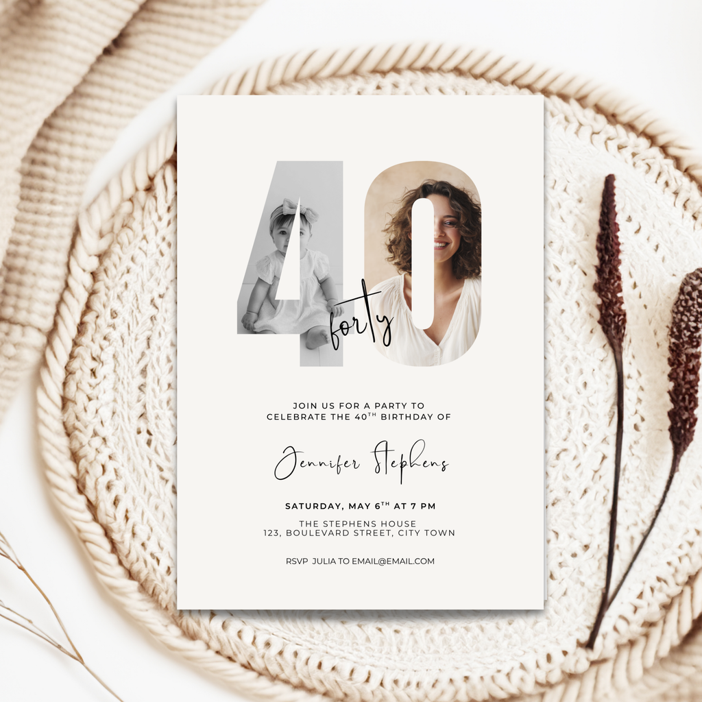 40th birthday party invitation with photos of a woman on a textured surface