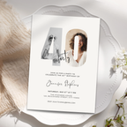 40th birthday party invitation with two photos of a woman on a white surface with flowers.