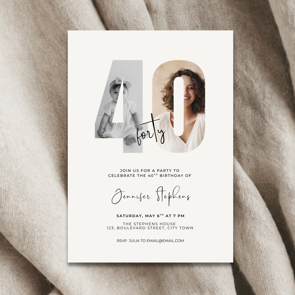 40th birthday party invitation with cut-out numbers and photos on a textured fabric background