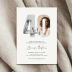 40th birthday party invitation with cut-out numbers and photos on a textured fabric background