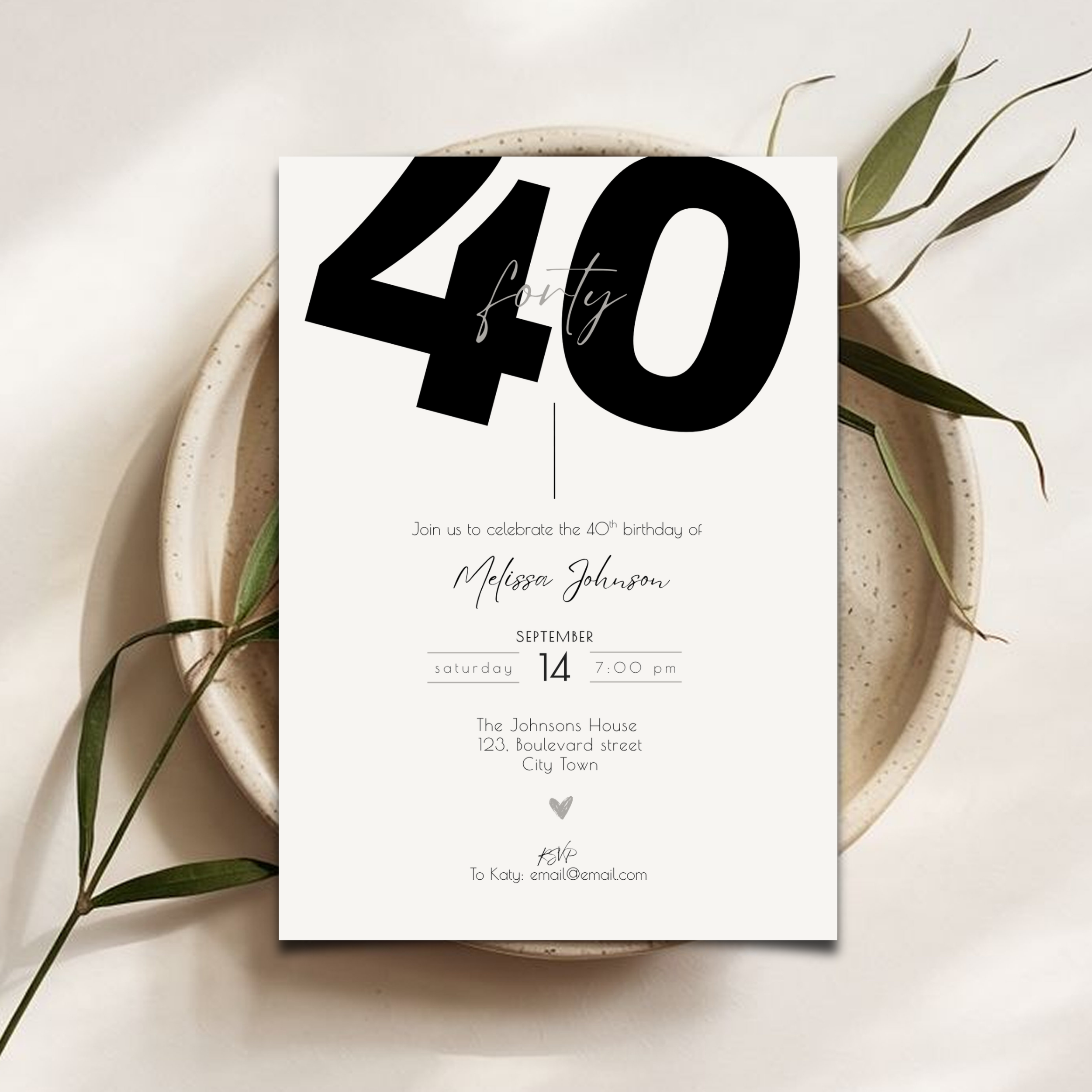 Minimal 40th Birthday Invitation Card Bold Typo