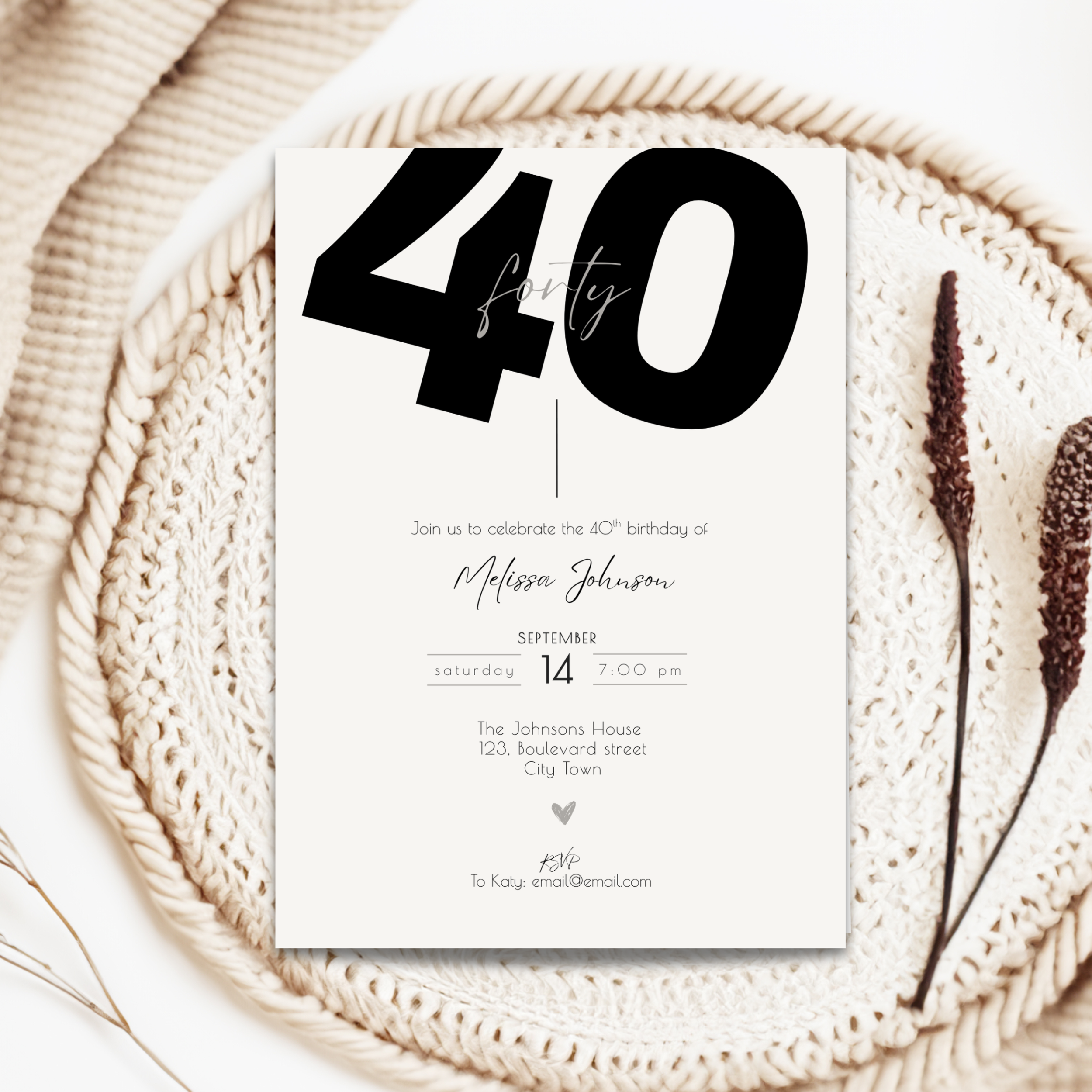 Minimal 40th Birthday Invitation Card Bold Typo
