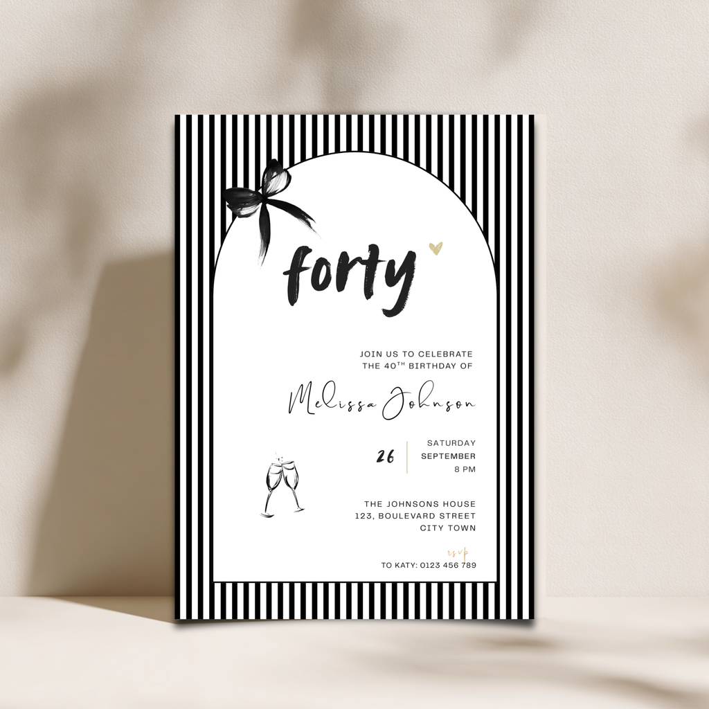 Black Bow Stripes And Arch 40th Birthday Invitation