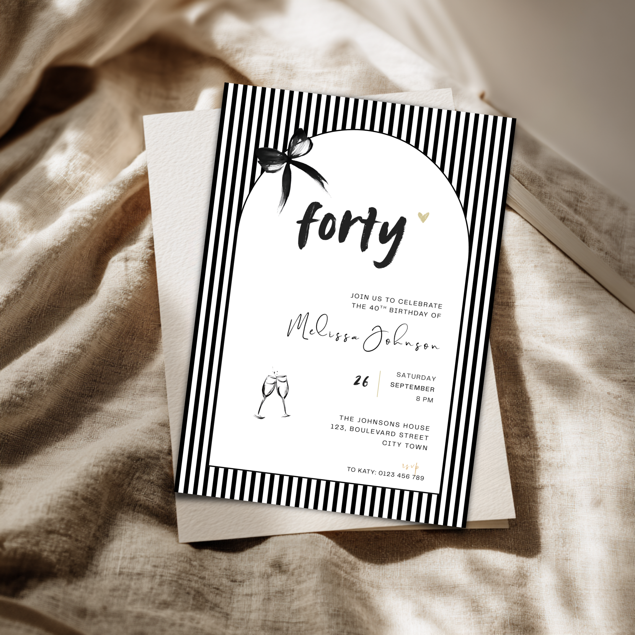 Black Bow Stripes And Arch 40th Birthday Invitation