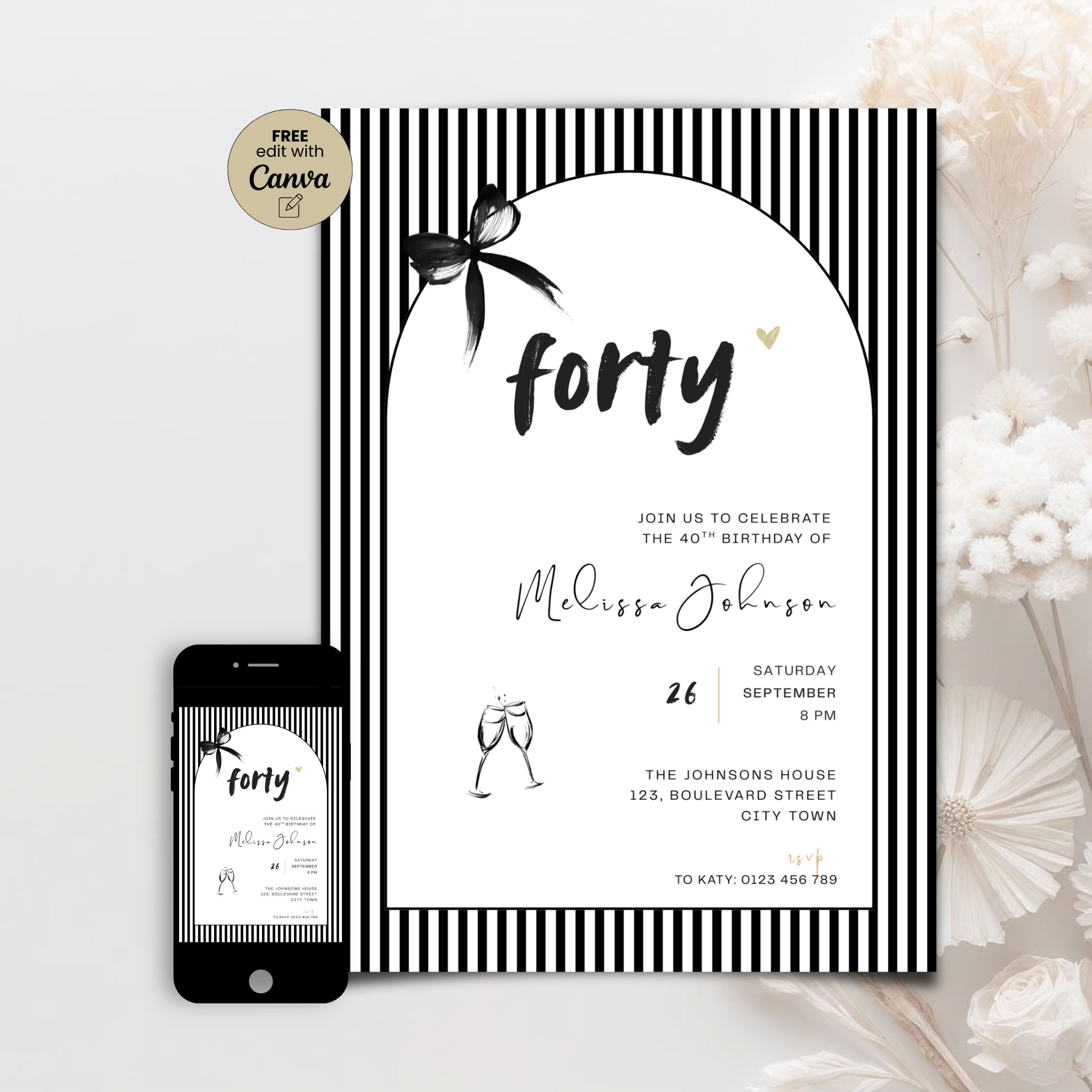 Black Bow Stripes And Arch 40th Birthday Invitation