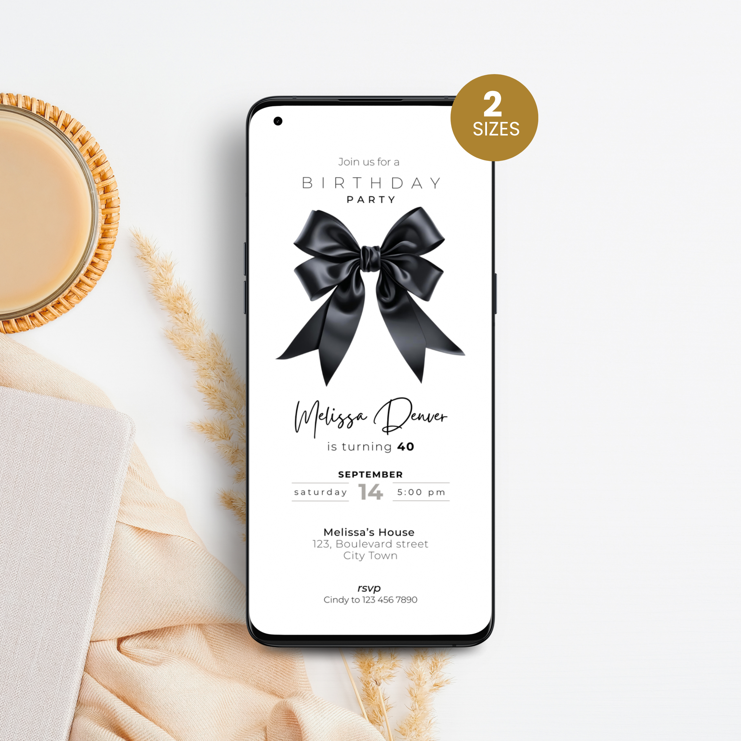 Black Bow 40th Birthday Invitation for Women