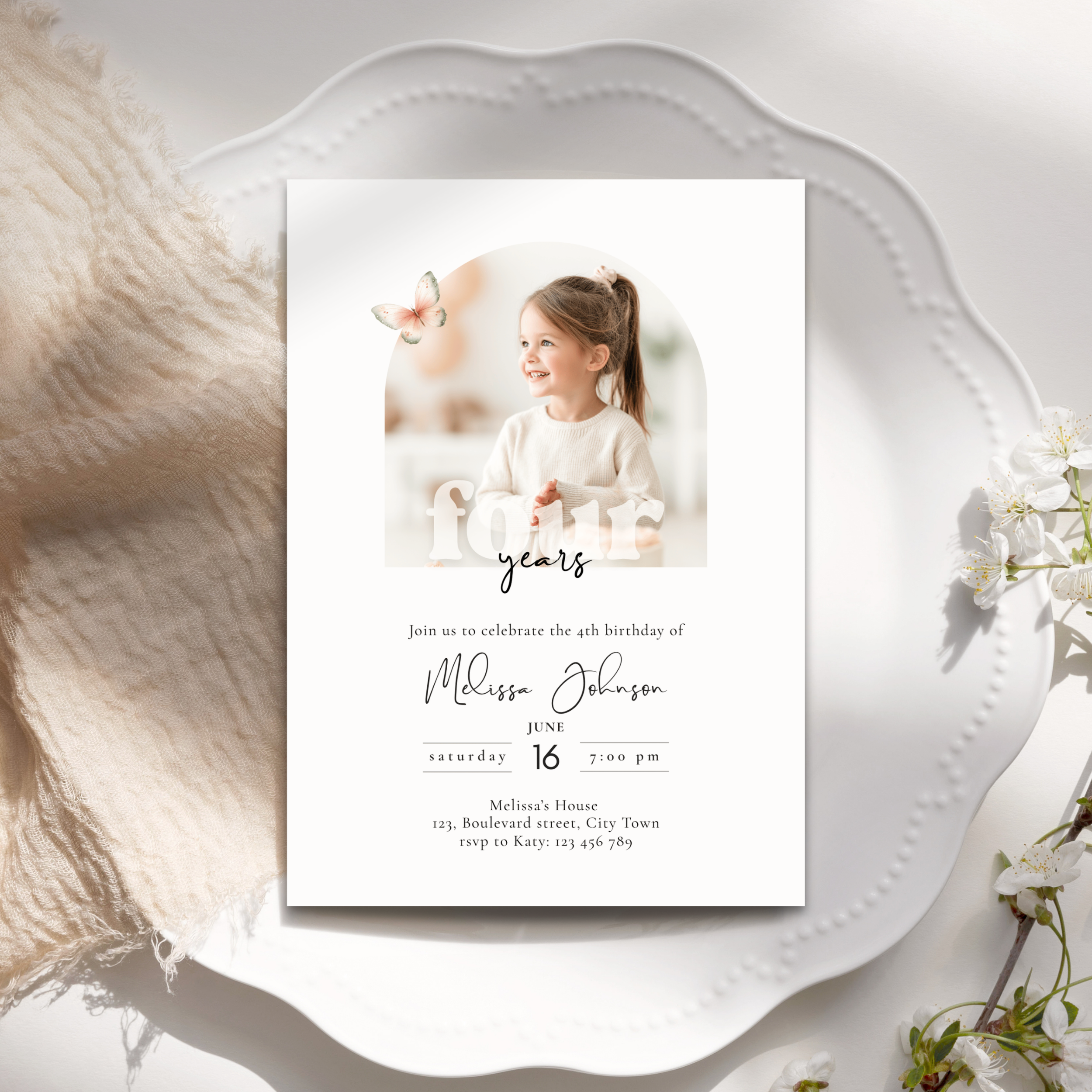 Minimal 4th Birthday Invitation with Photo