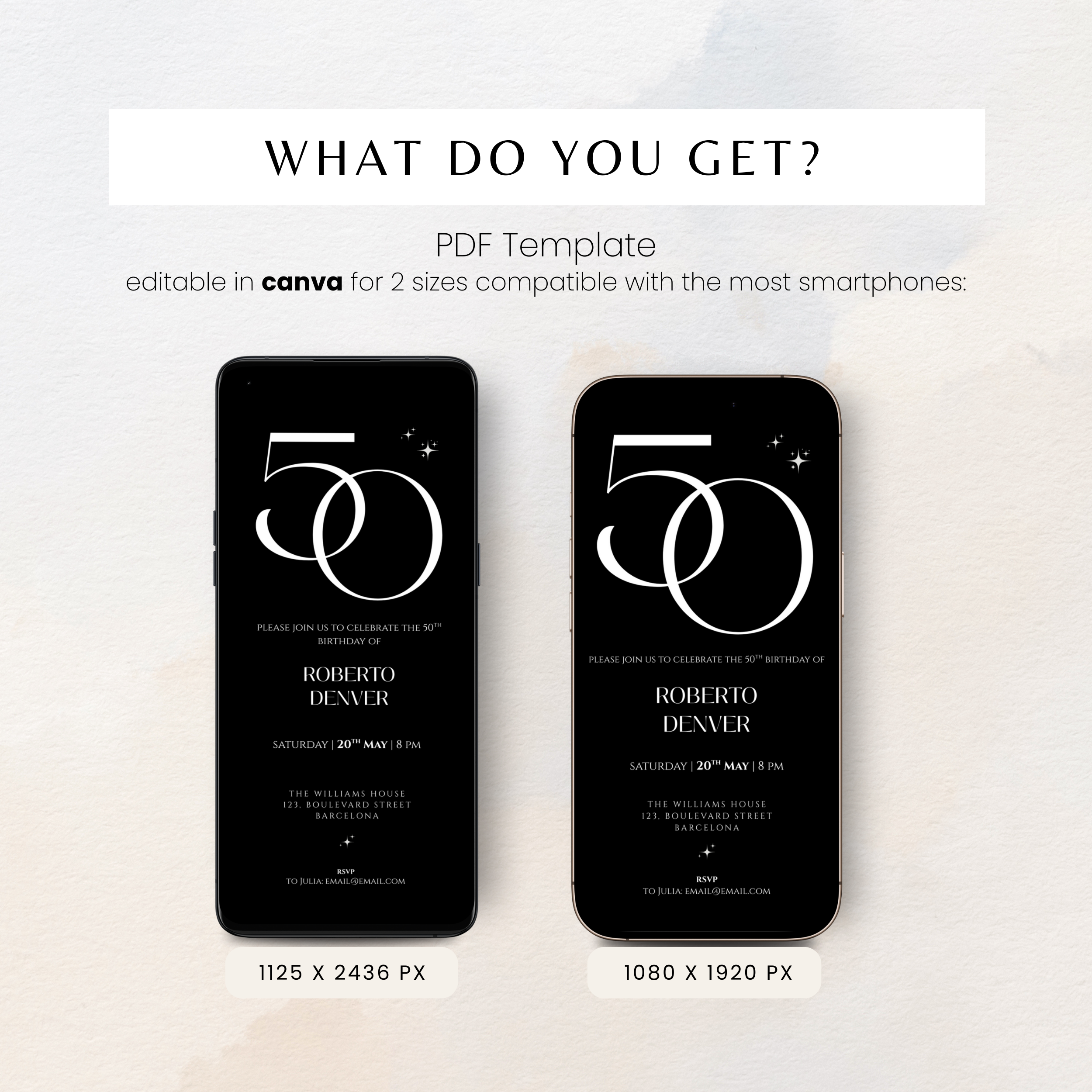Two smartphone screens displaying a birthday invitation template with editable text.