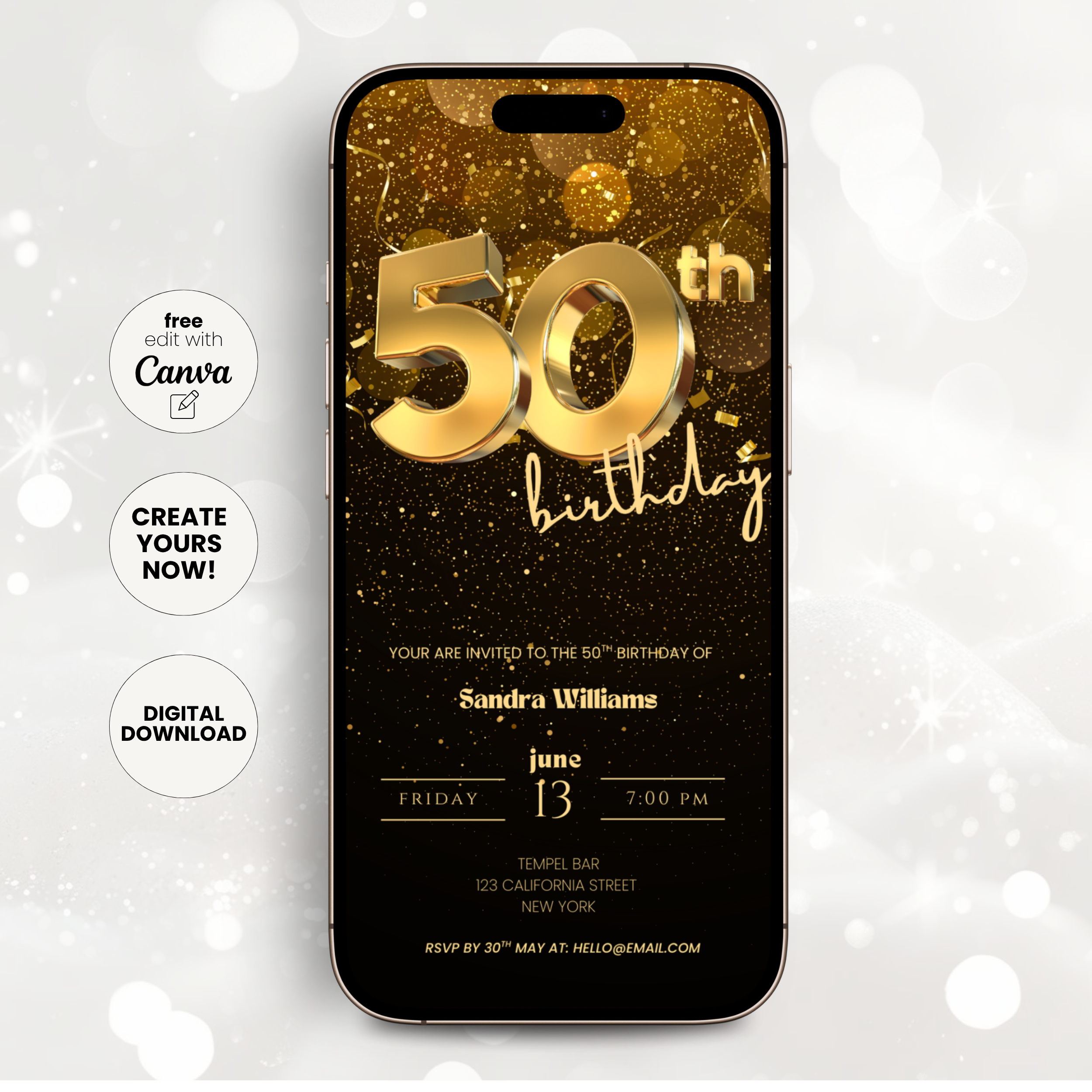 Golden 50th Birthday Invitation