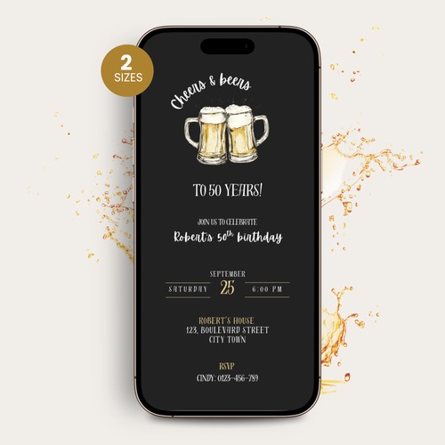 Black Cheers and Beers 50th Birthday Invitation Man