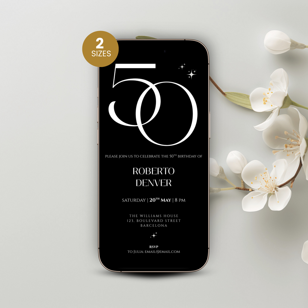 Phone displaying a birthday invitation with '50' design, surrounded by white flowers on a light gray background.