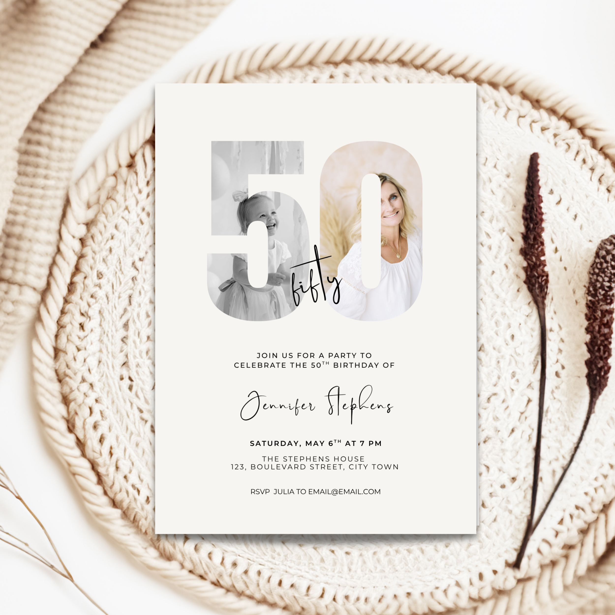 50th birthday party invitation card on a woven surface with decorative elements