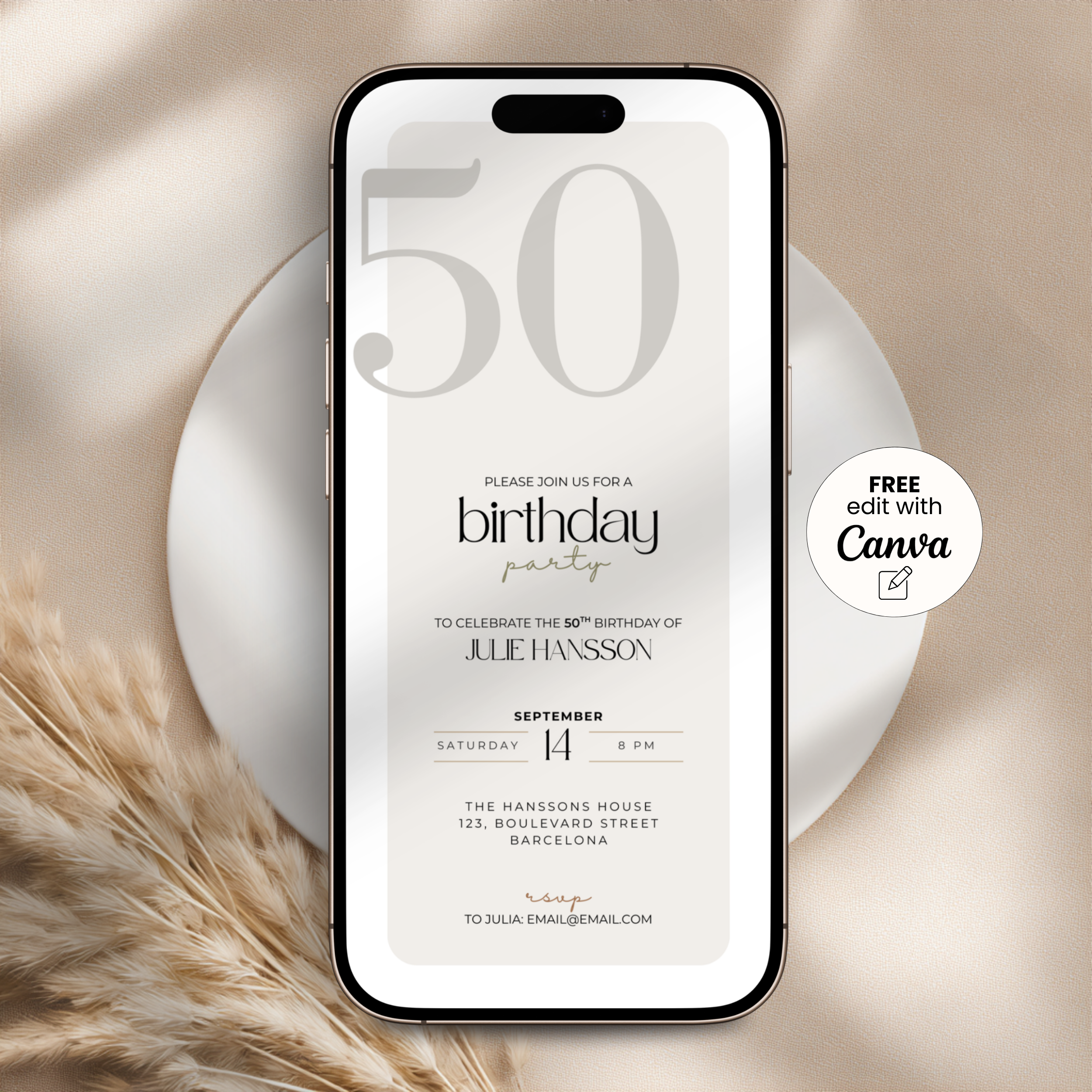 Minimal Elegant 50th Birthday Invitation Beige