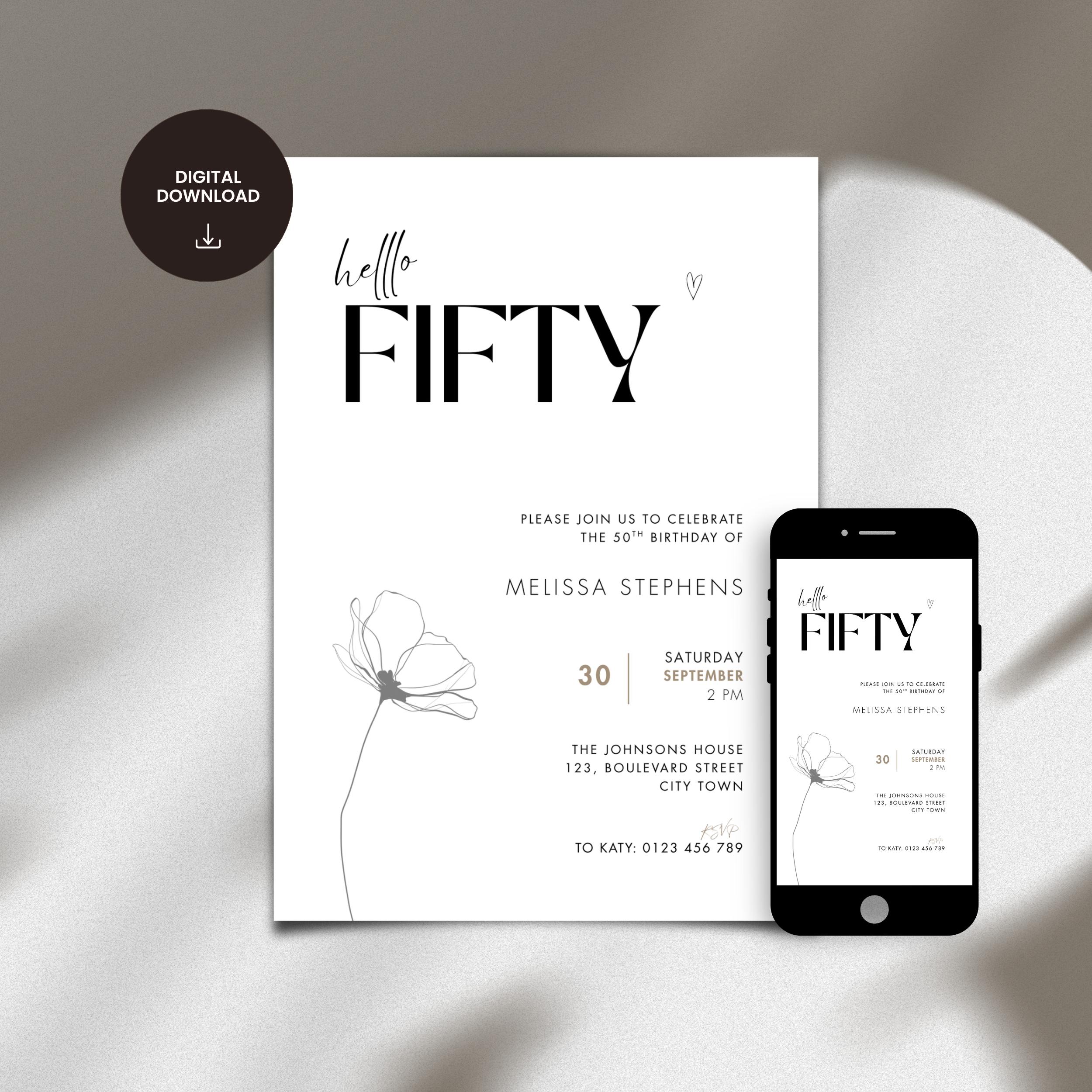 Drawn Line Flower Minimal 50th Birthday Invitation