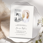 Invitation card for a 50th birthday party with two photos of a couple on a decorative plate.