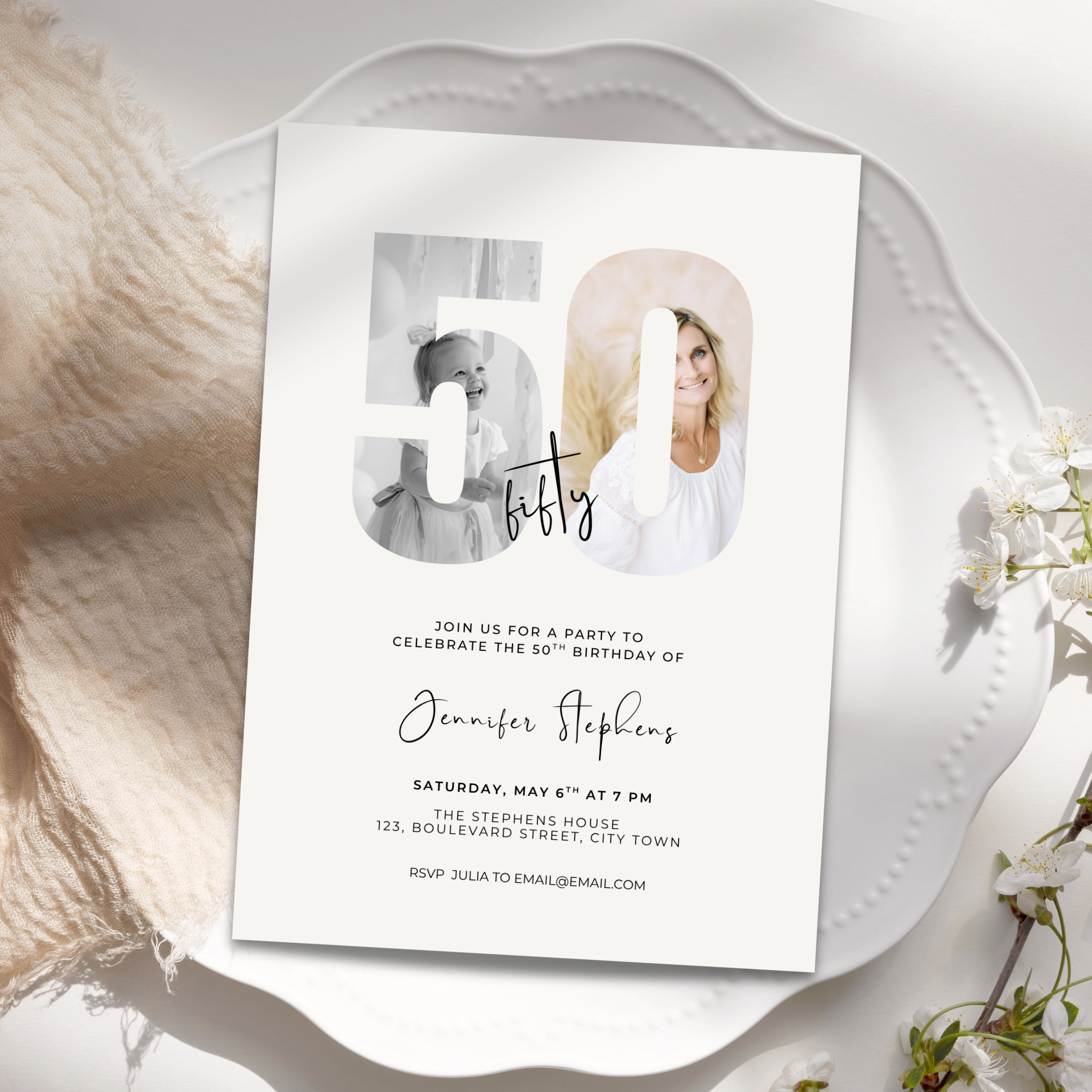 Invitation card for a 50th birthday party with two photos of a couple on a decorative plate.