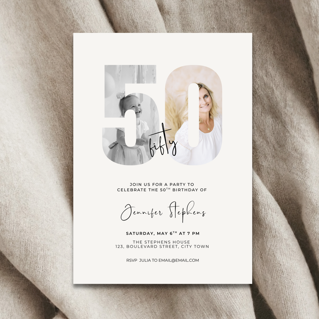 Invitation card for a 50th birthday party with two photos of a woman on a beige fabric background.