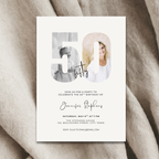 Invitation card for a 50th birthday party with two photos of a woman on a beige fabric background.