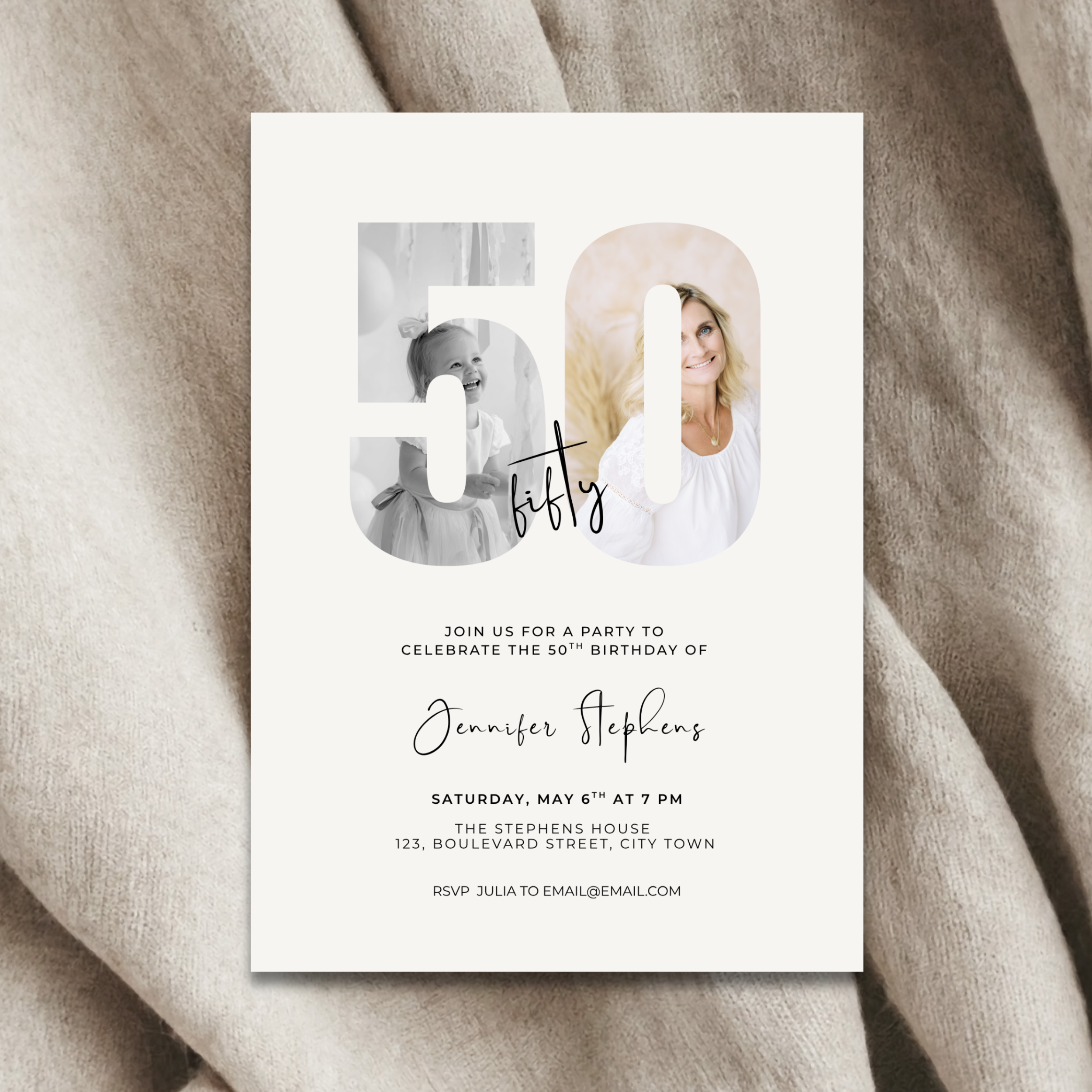 Invitation card for a 50th birthday party with two photos of a woman on a beige fabric background.