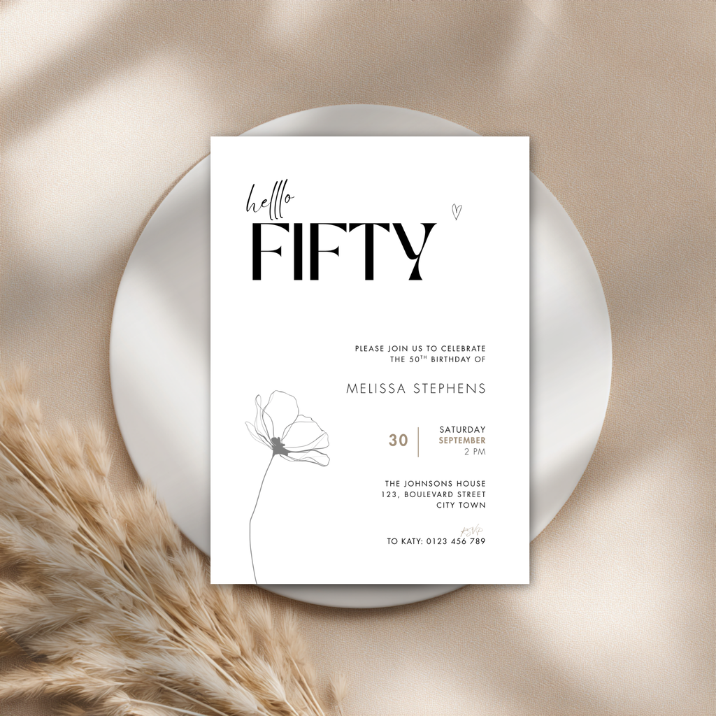 Drawn Line Flower Minimal 50th Birthday Invitation