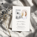50th birthday party invitation with photos of a couple on a light surface with dried flowers.