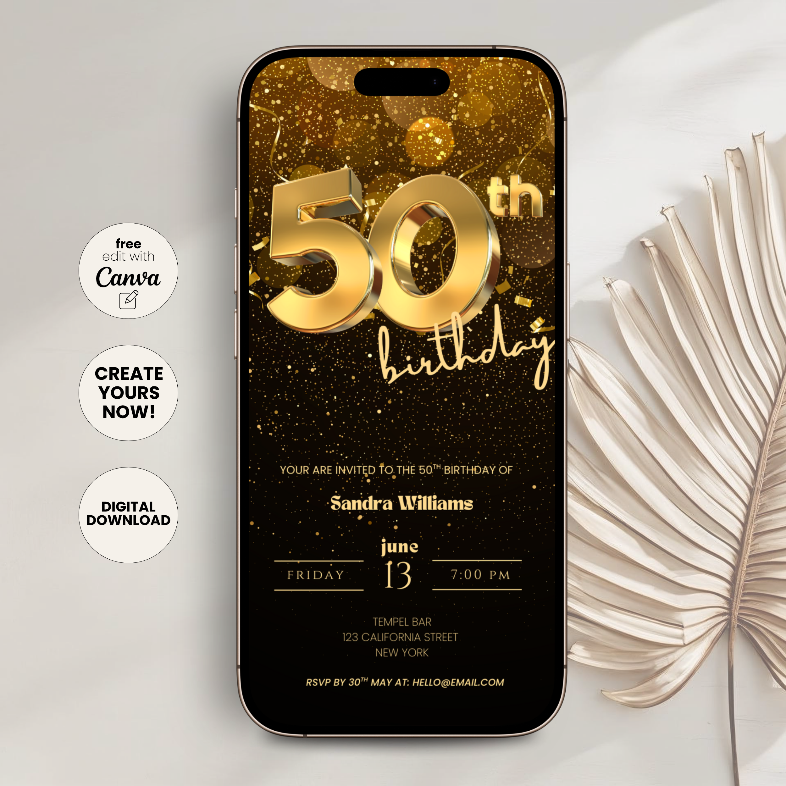 Golden 50th Birthday Invitation