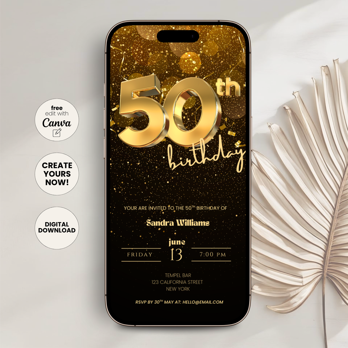 Golden 50th birthday invitation template