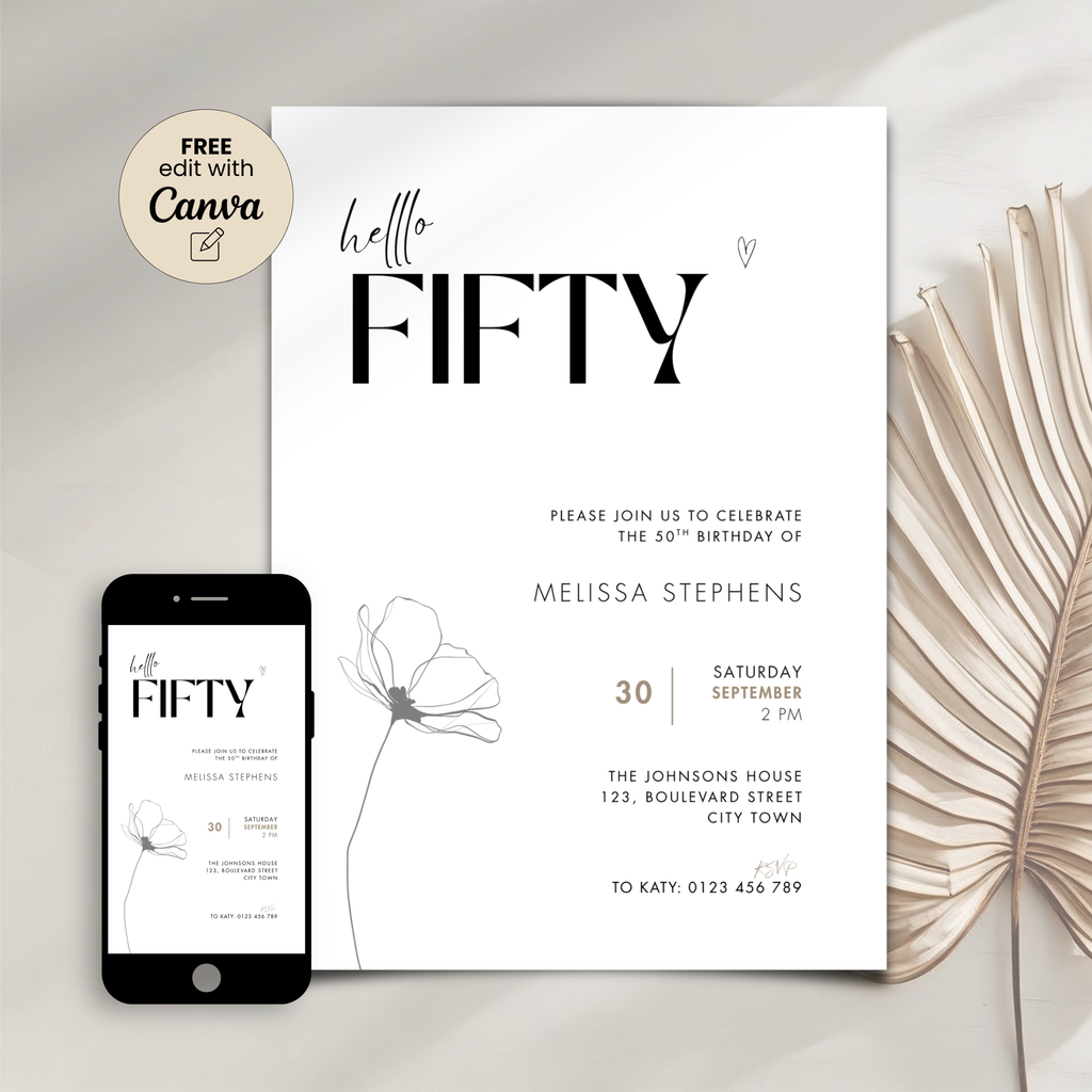Drawn Line Flower Minimal 50th Birthday Invitation