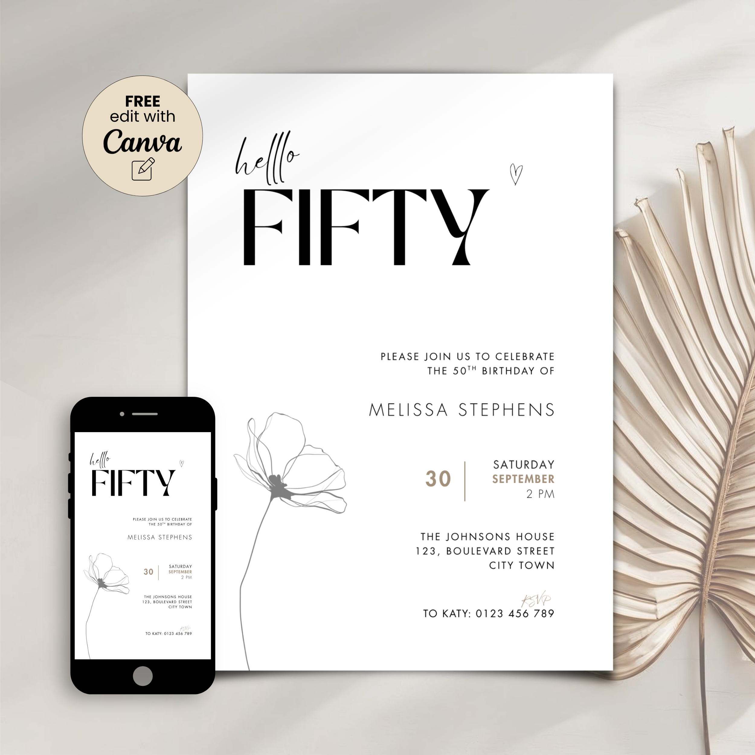 Drawn Line Flower Minimal 50th Birthday Invitation