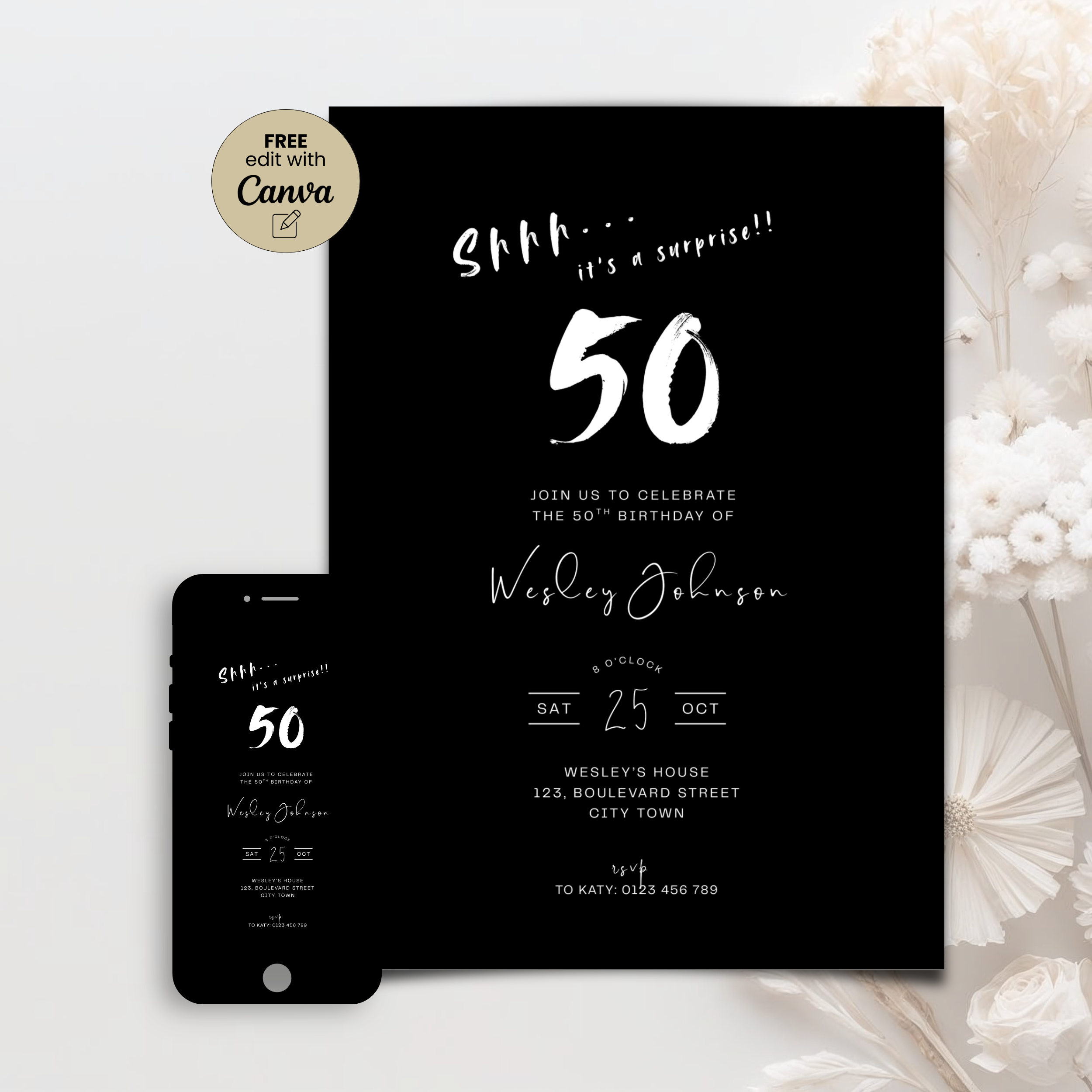Men's Surprise 50th Birthday Invitation Black