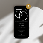 Phone case with a 50th birthday invitation design on a white surface