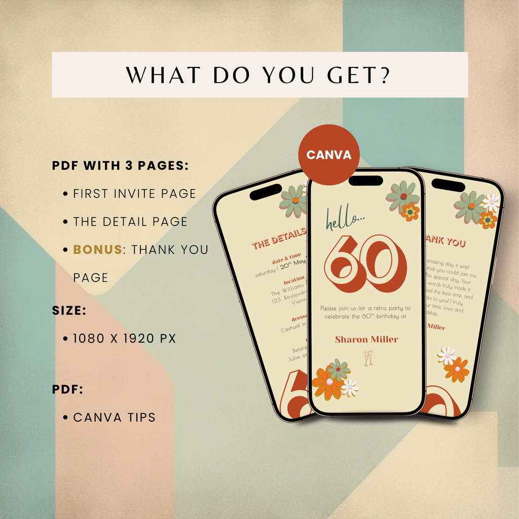 Digital invitation design with 'hello 60' text on a retro geometric background, featuring Canva branding.