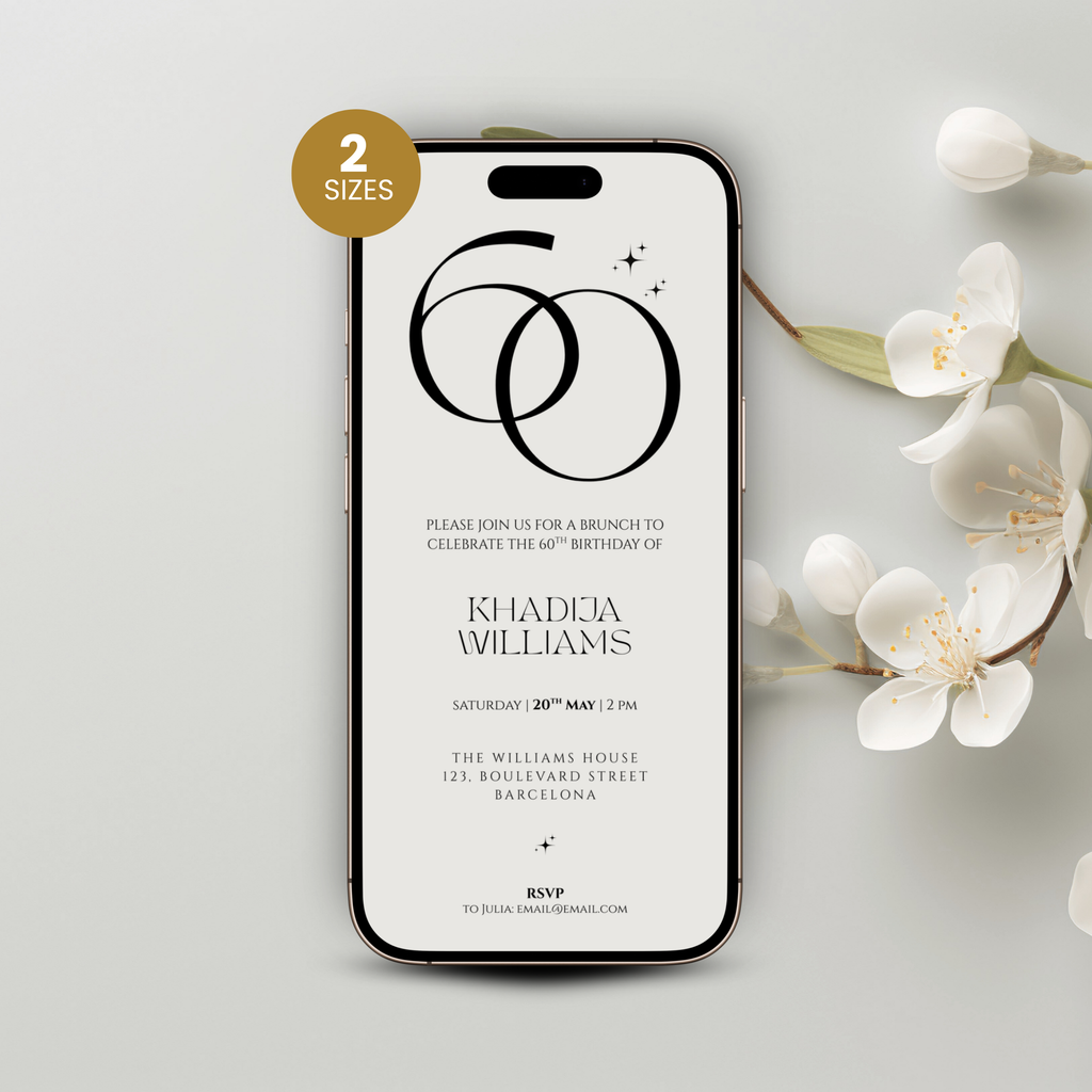 Phone displaying a 60th birthday invitation on a light gray background with white flowers.