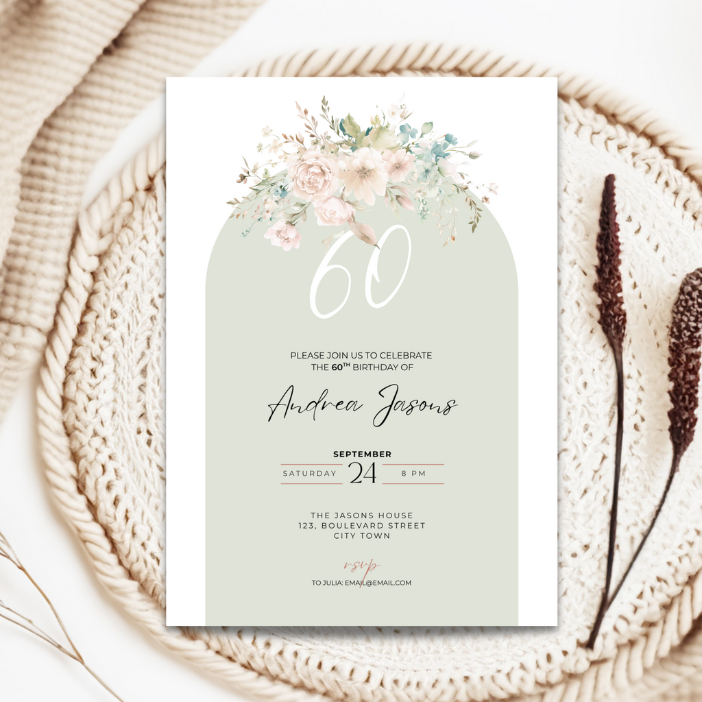 Floral 60th Birthday Invitation Women Template – image 2