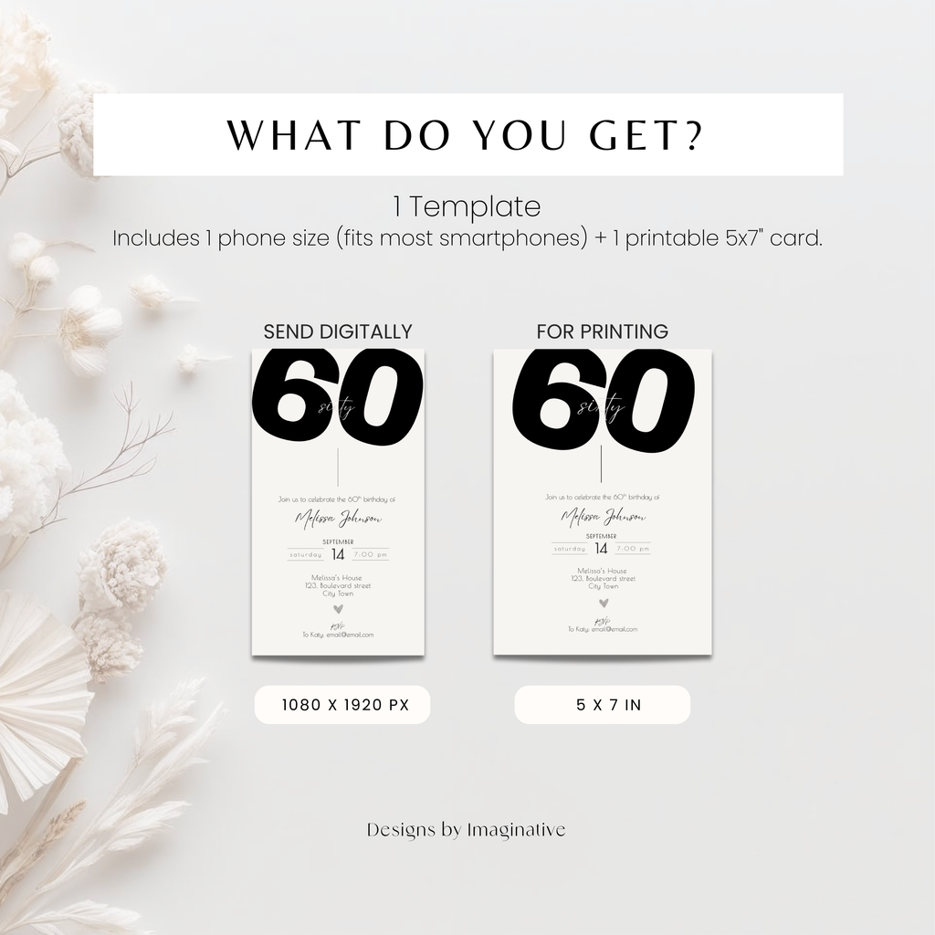 60th birthday invitation template with digital and print options on a white background.