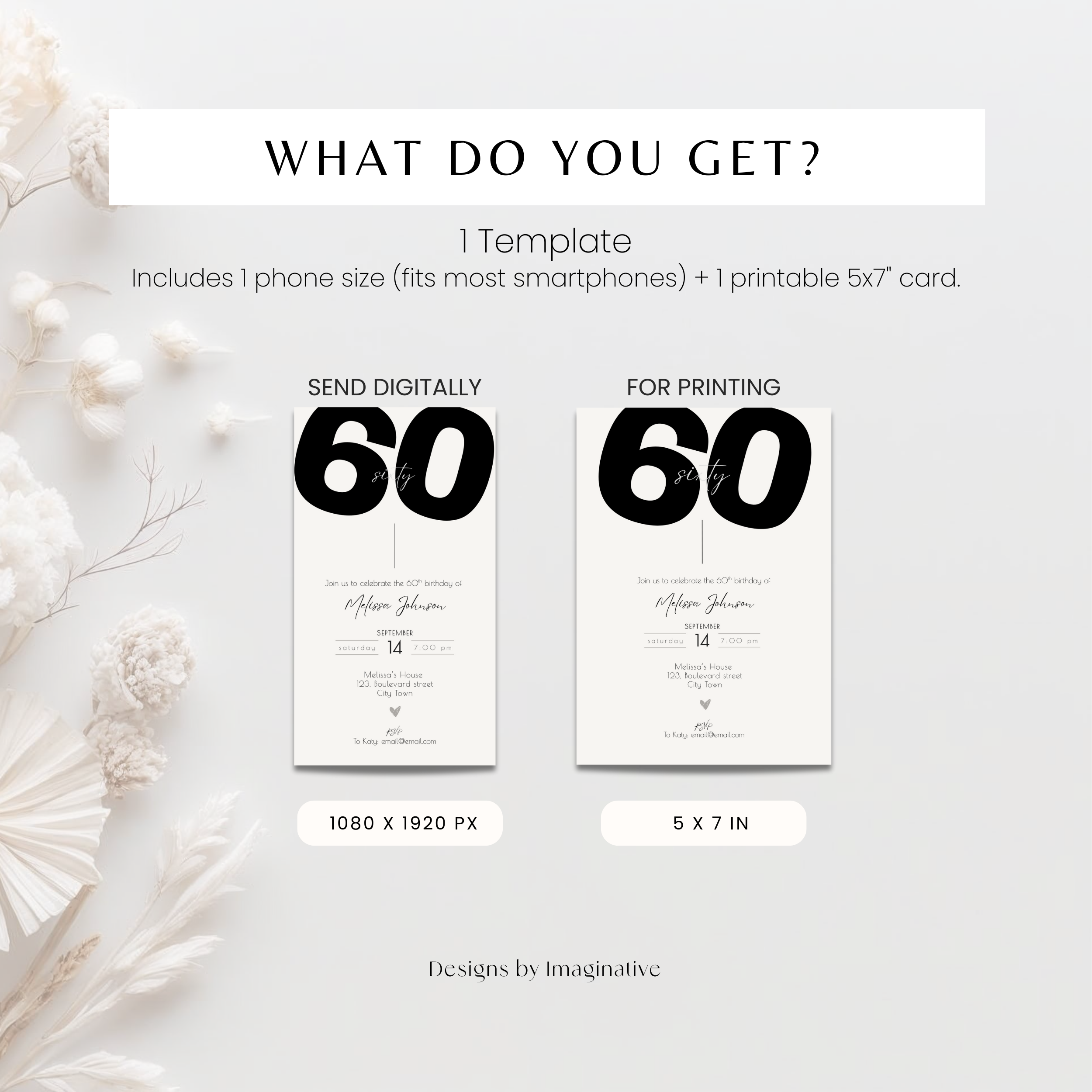 60th birthday invitation template with digital and print options on a white background.