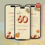 Three phone screens displaying retro 60th birthday invitations with floral designs.