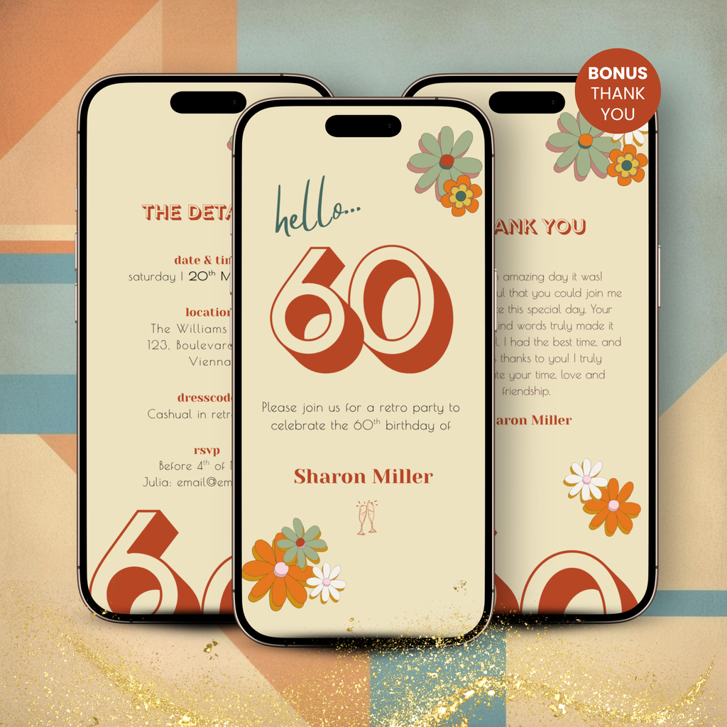Three smartphone screens displaying a 60th birthday invitation with floral designs on a colorful geometric background.