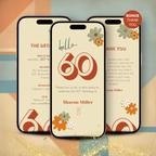 Three smartphone screens displaying a 60th birthday invitation with floral designs on a colorful geometric background.