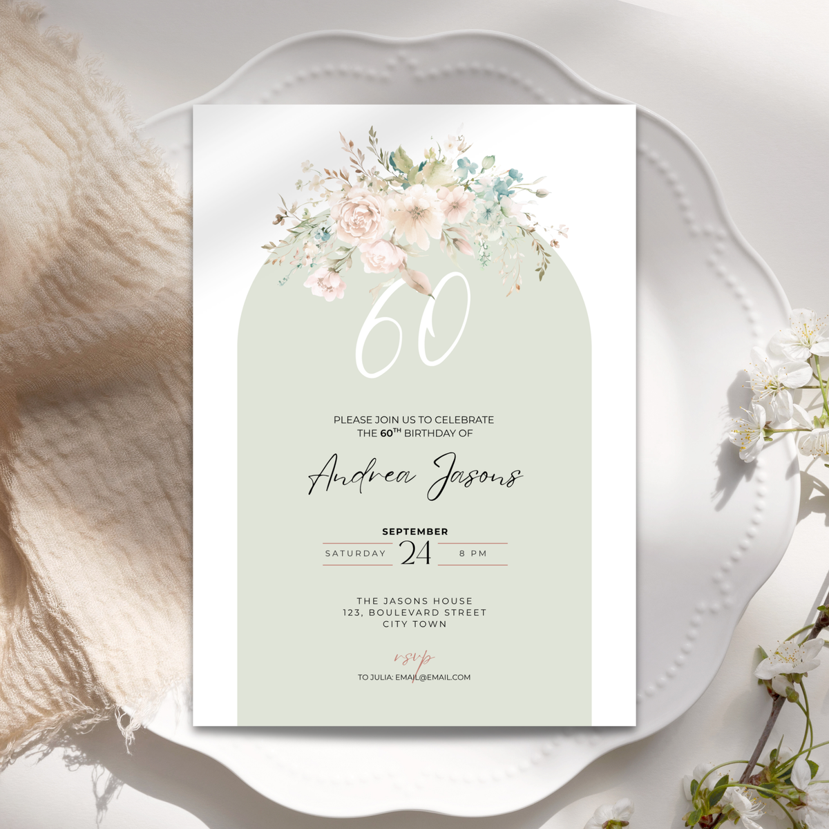 Floral 60th Birthday Invitation Women Template – image 1