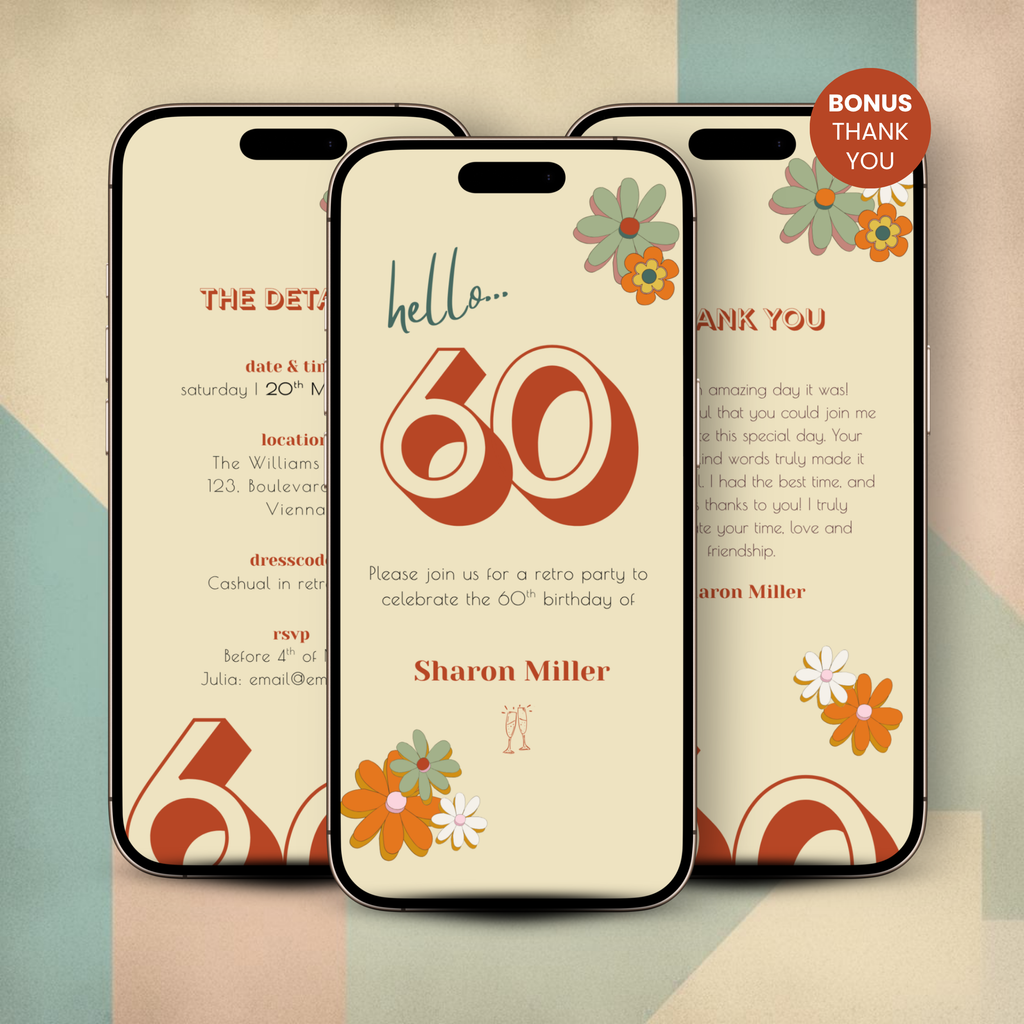 Three smartphone screens displaying a 60th birthday invitation with floral designs on a pastel background.