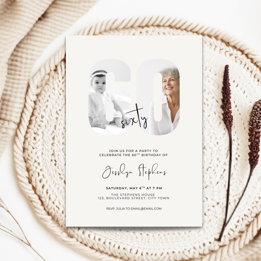 Invitation card for a 60th birthday party with photos of a child and an older woman, placed on a woven surface.
