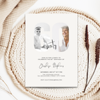 Invitation card for a 60th birthday party with photos of a child and an older woman, placed on a woven surface.