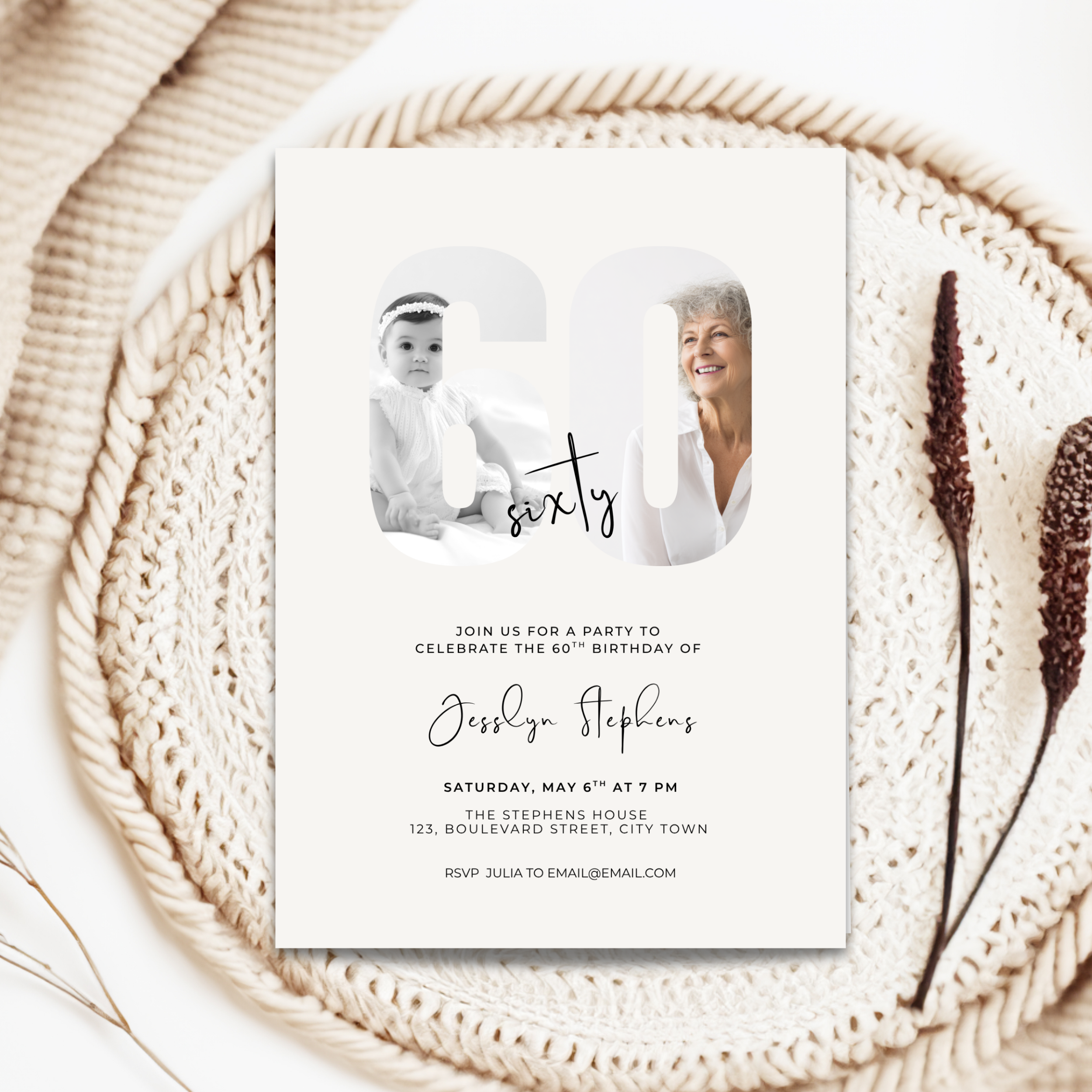 Invitation card for a 60th birthday party with photos of a child and an older woman, placed on a woven surface.