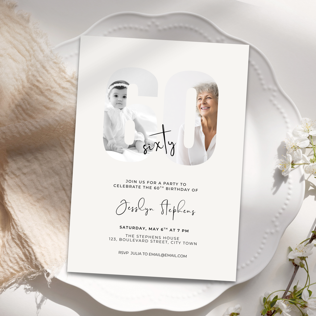 Invitation card for a 60th birthday celebration with two people on a decorative plate.