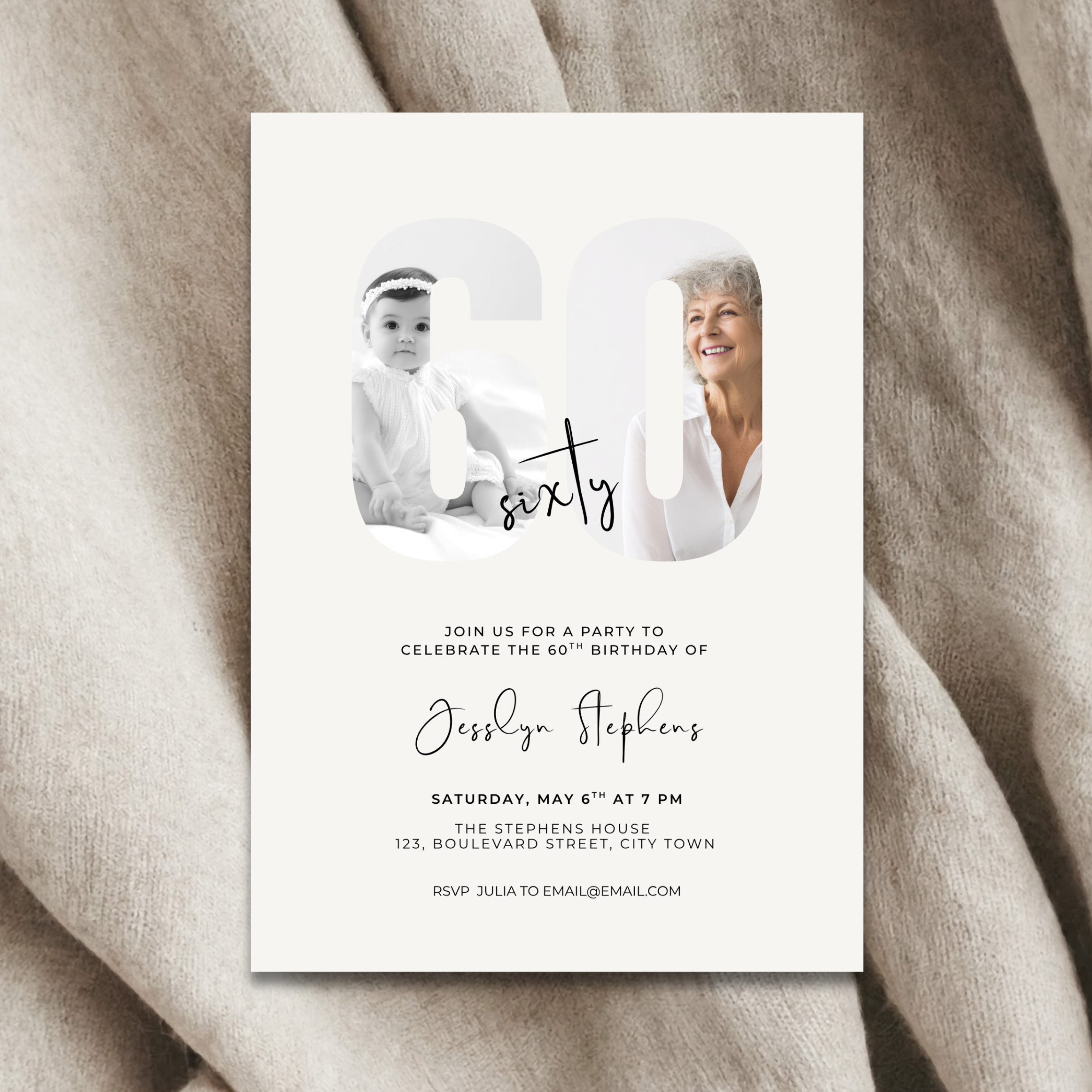 Invitation card for a 60th birthday celebration with two photos of a woman and a child on a textured fabric background.
