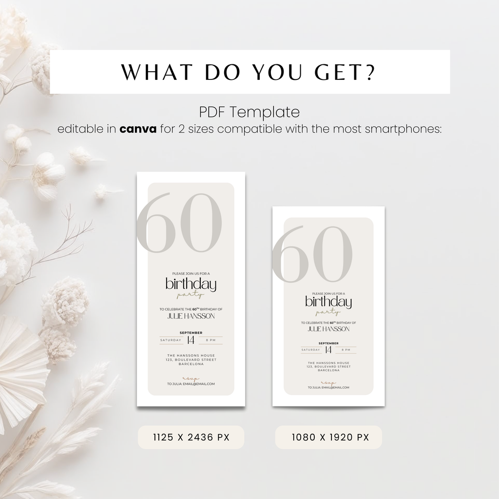 60th birthday party invitation template on a light background with text about Canva compatibility.