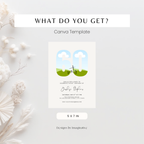 Invitation card with blue heart and green grass design on a white background